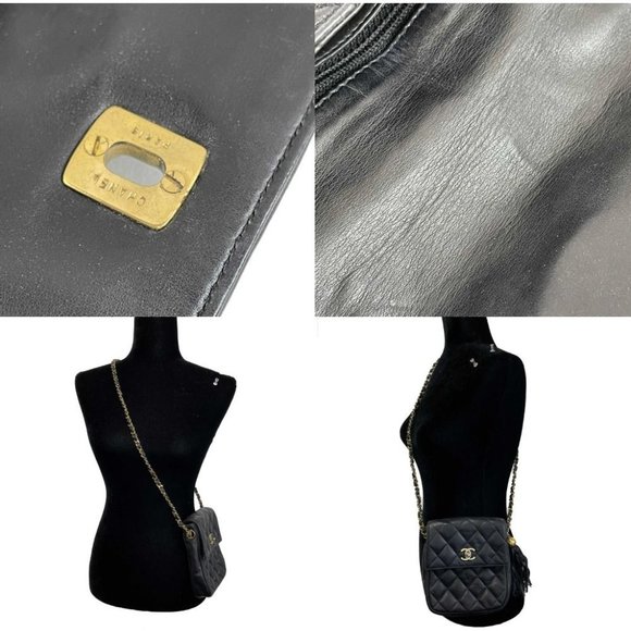 Chanel Small Square Flap Leather Vintage Gold CC Tassel Black Crossbody Handbag - Picture 11 of 13